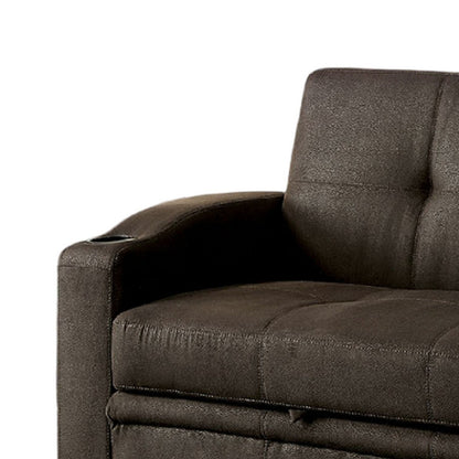 Canapé futon, revêtement en tissu marron, base coulissante, capitonnage à boutons