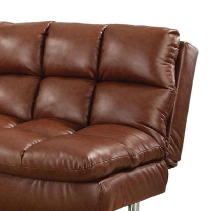 Canapé futon, revêtement en similicuir marron capitonné, pieds chromés