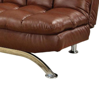 Canapé futon, revêtement en similicuir marron capitonné, pieds chromés
