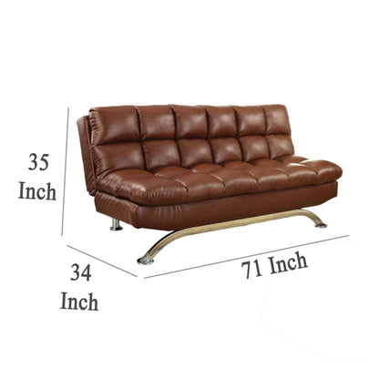 Canapé futon, revêtement en similicuir marron capitonné, pieds chromés