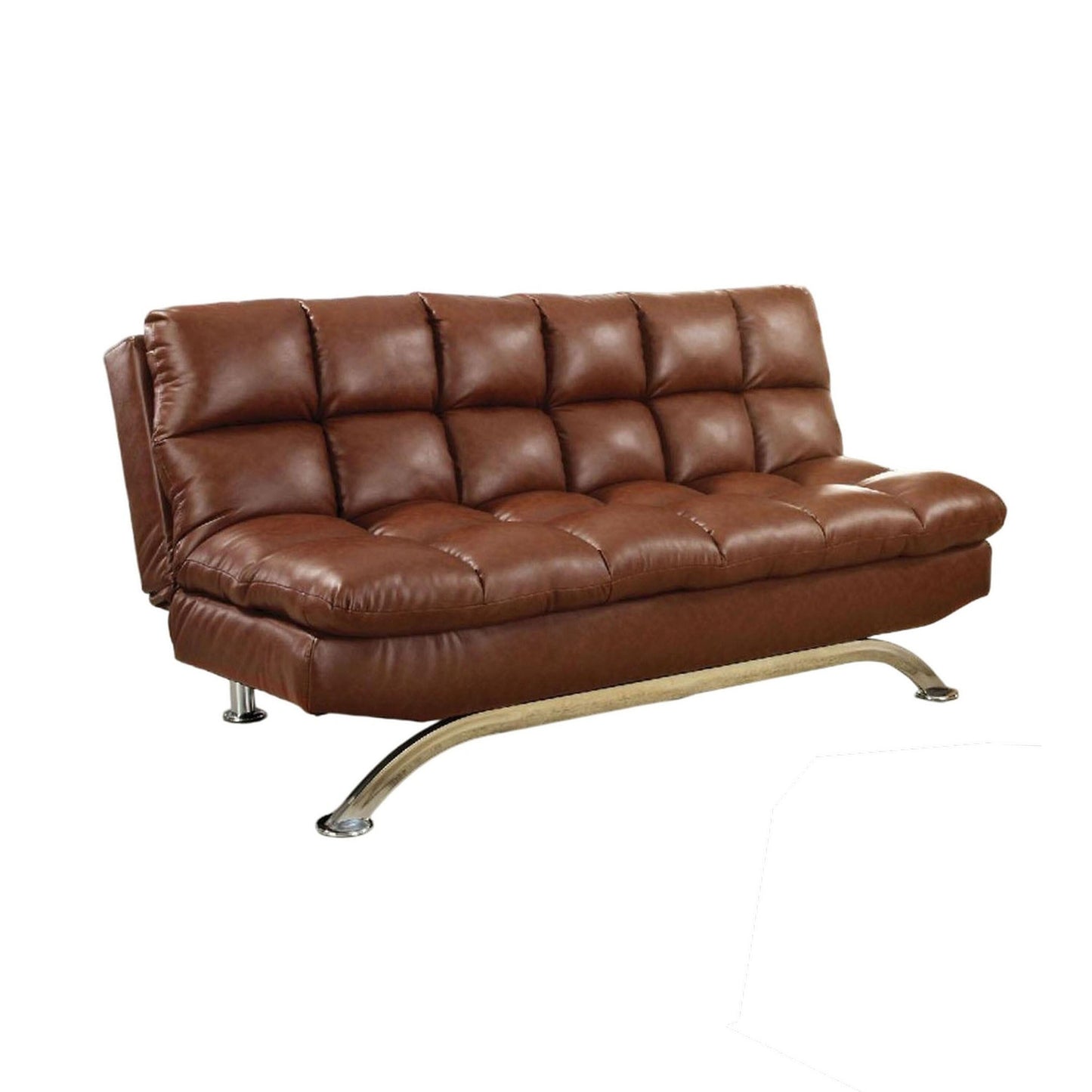 Canapé futon, revêtement en similicuir marron capitonné, pieds chromés