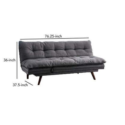 Canapé futon, tissu gris, capitonnage à boutons, structure en bois massif