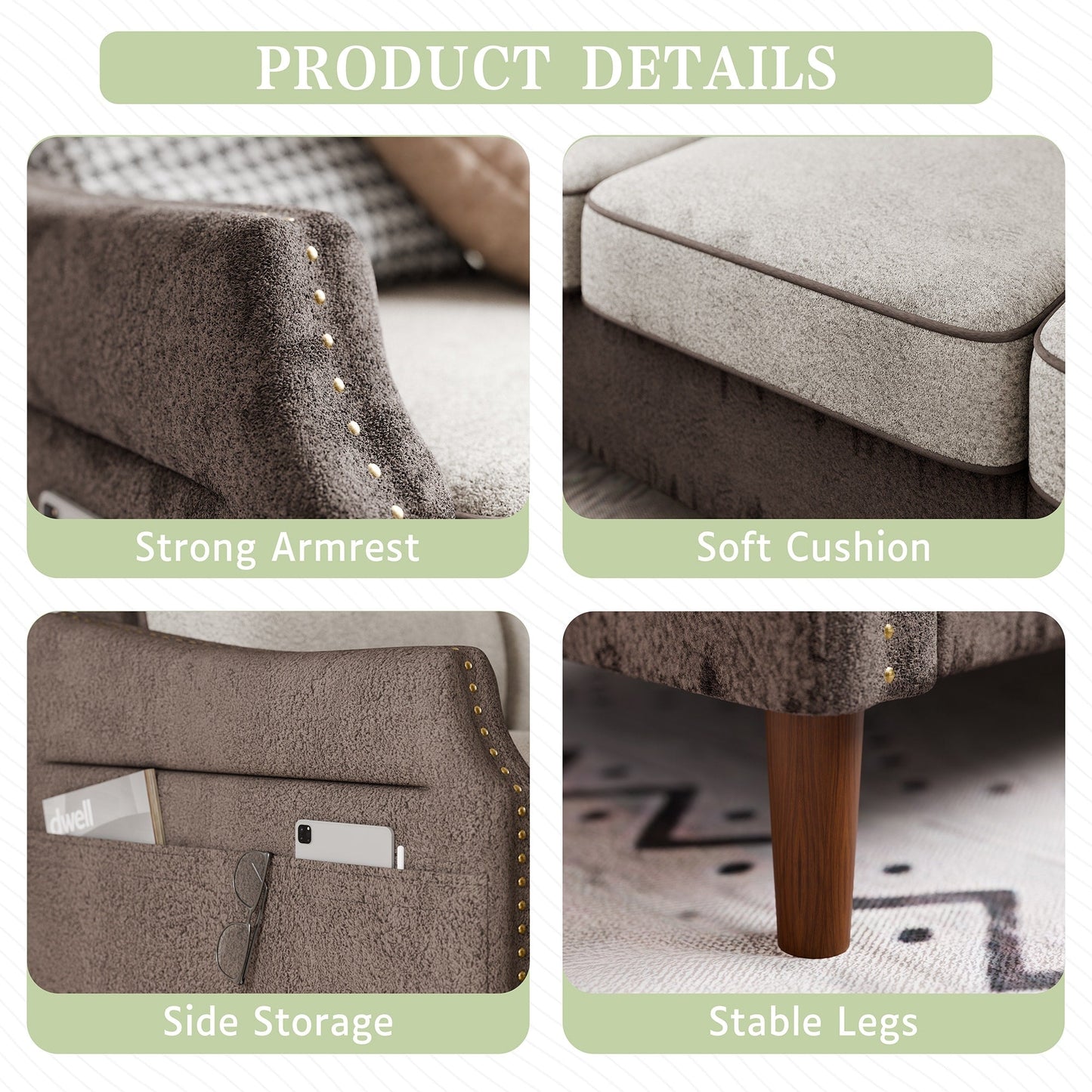 Canapé en L Futzca 78 pouces avec pouf et sac de rangement latéral