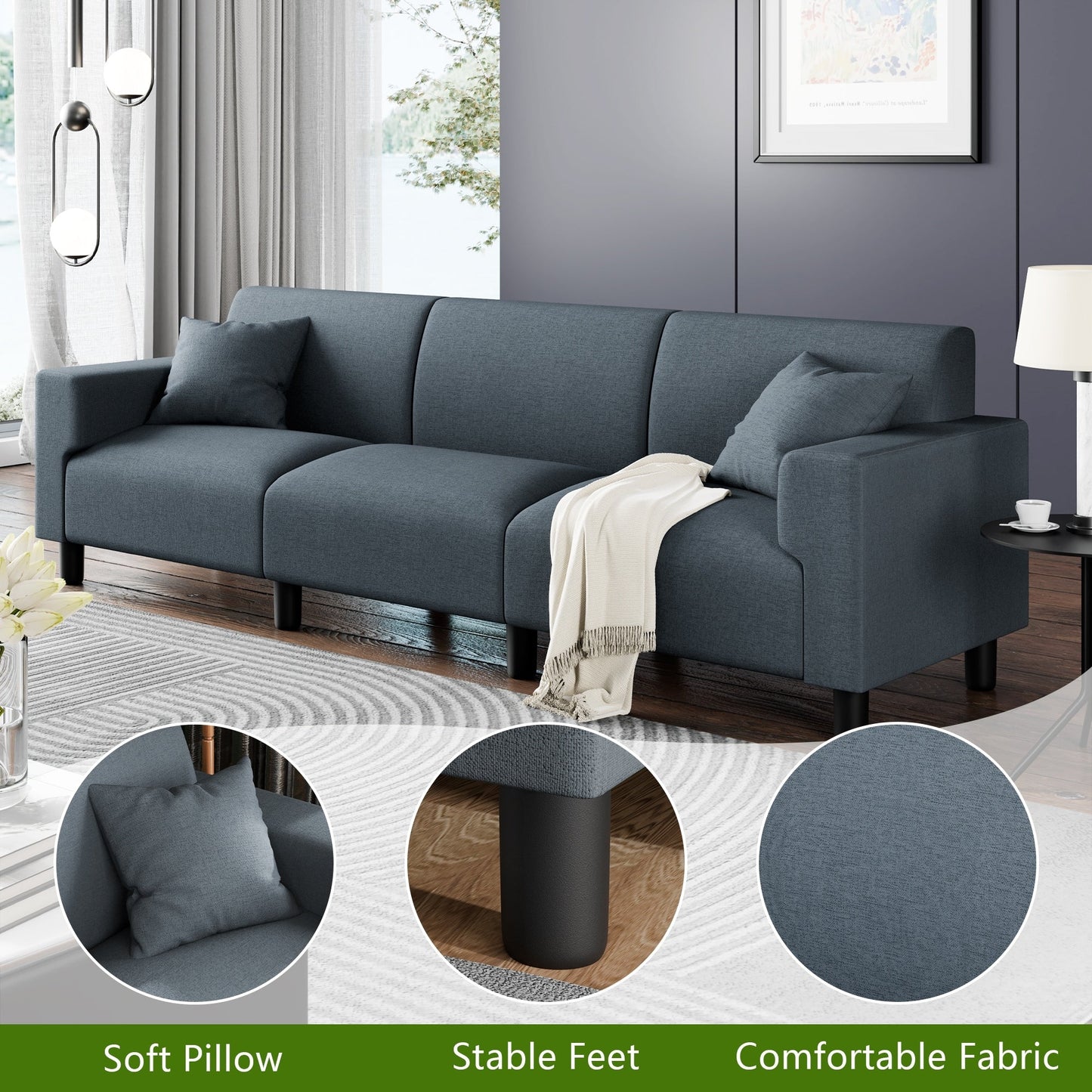 Canapé-lit Futzca 94'', canapé 3 places moderne avec deux oreillers