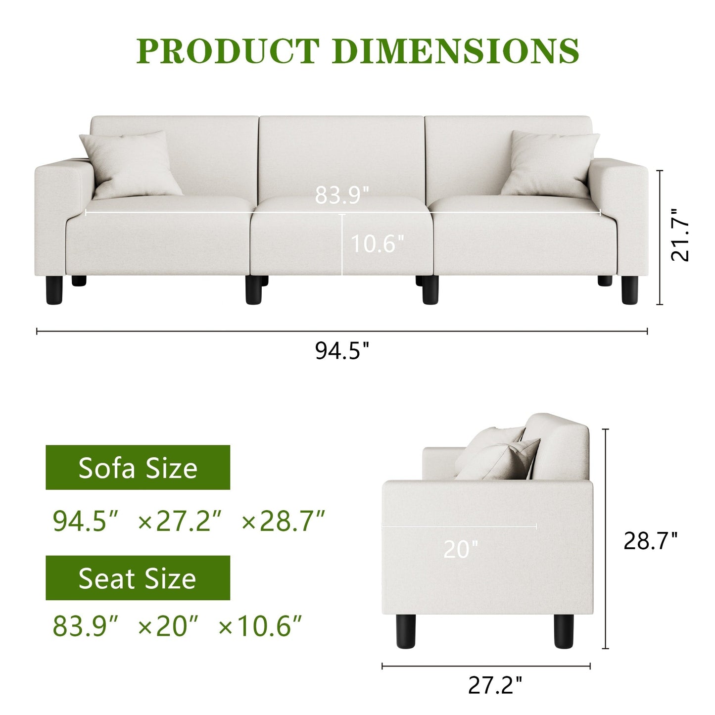 Canapé-lit Futzca 94'', canapé 3 places moderne avec deux oreillers