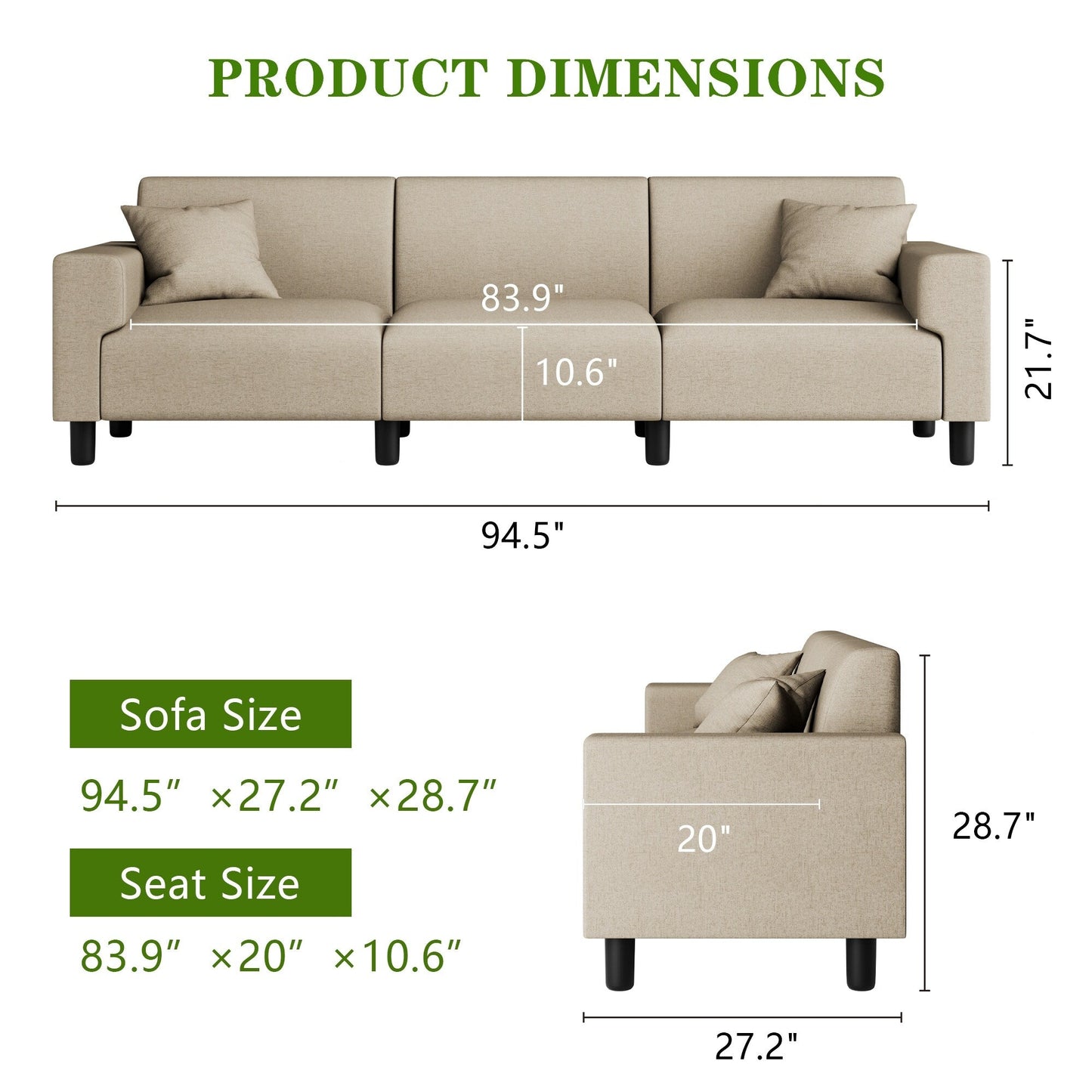 Canapé-lit Futzca 94'', canapé 3 places moderne avec deux oreillers