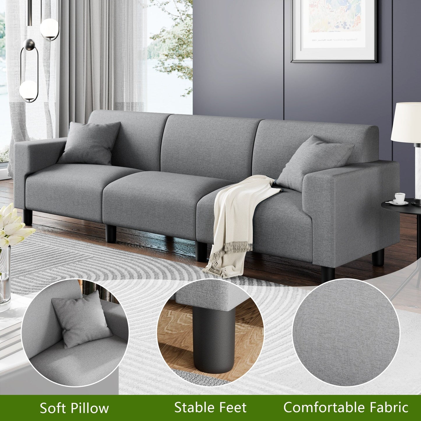 Canapé-lit Futzca 94'', canapé 3 places moderne avec deux oreillers