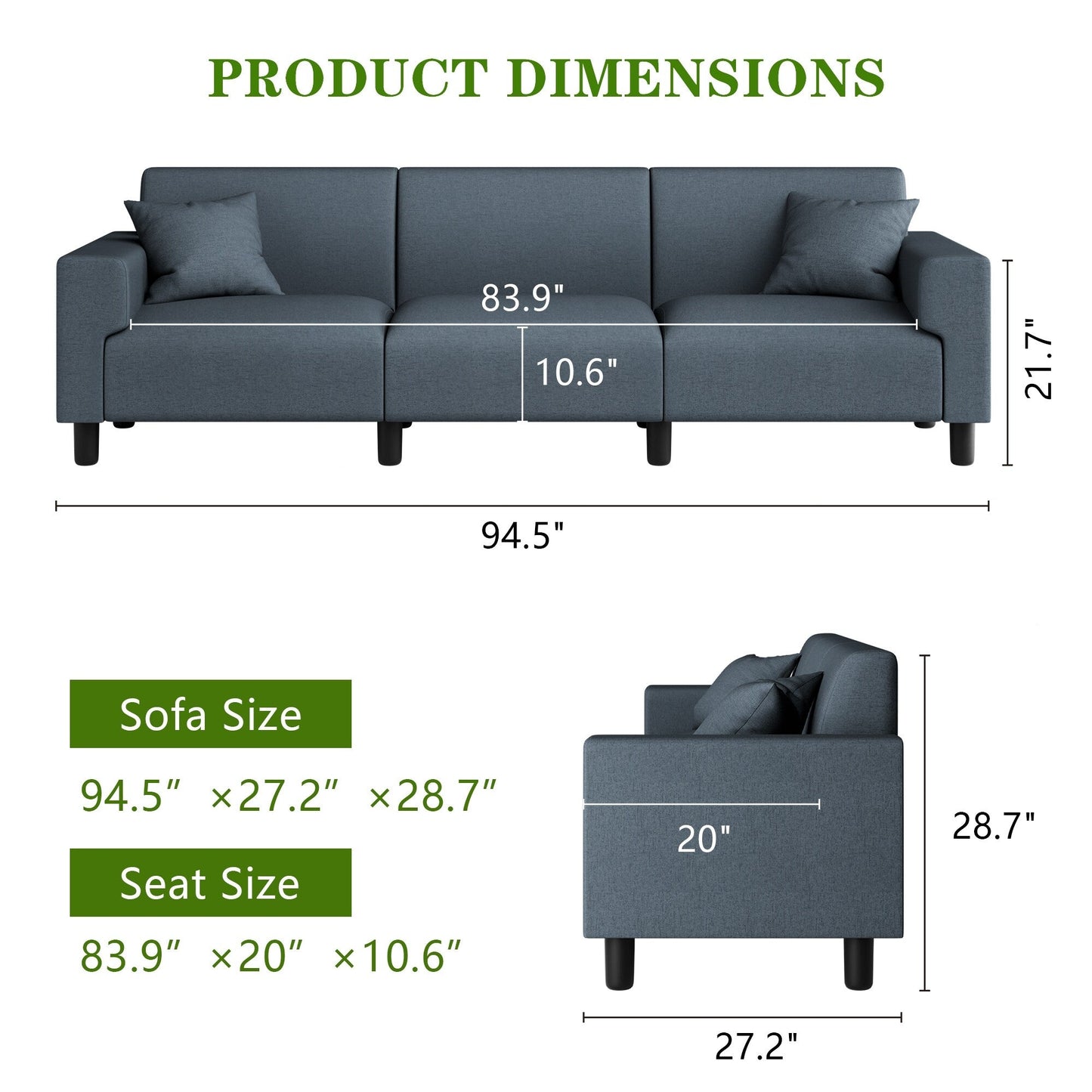 Canapé-lit Futzca 94'', canapé 3 places moderne avec deux oreillers