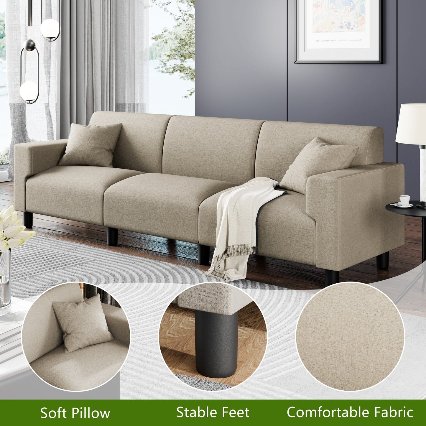 Canapé-lit Futzca 94'', canapé 3 places moderne avec deux oreillers