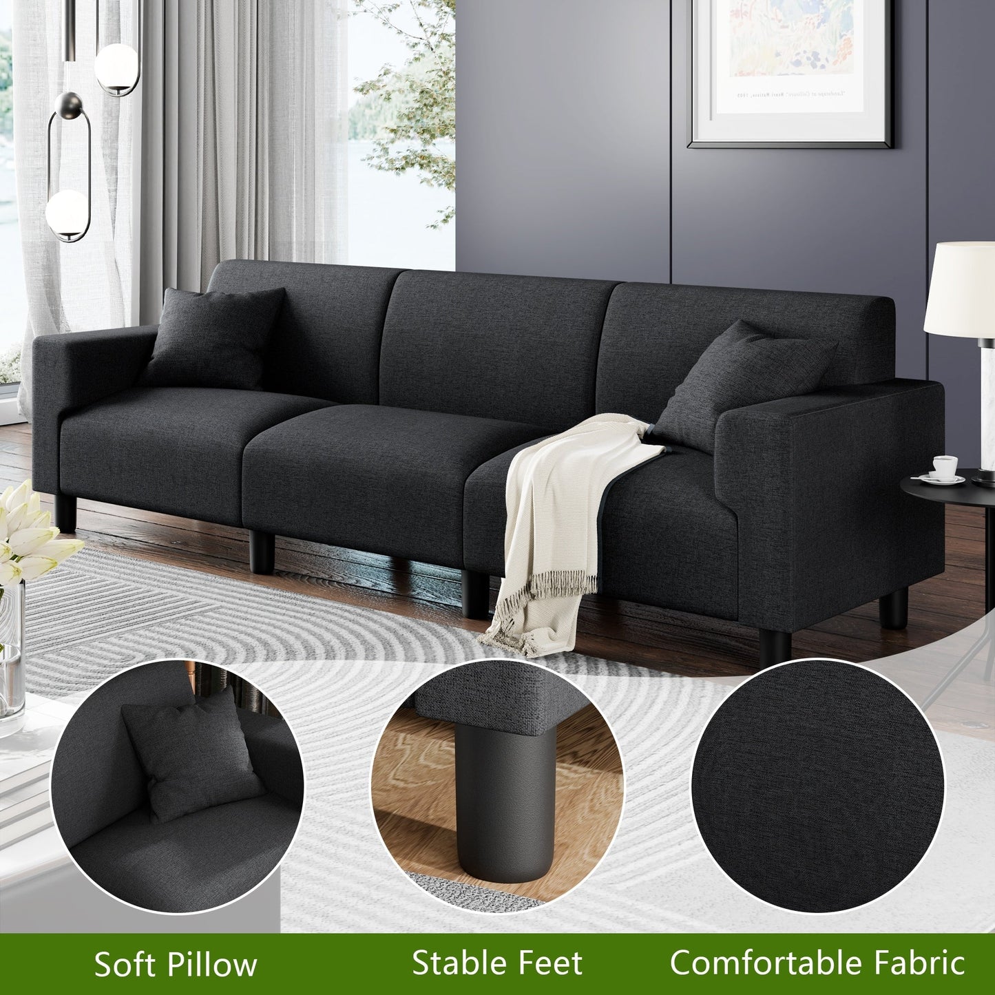 Canapé-lit Futzca 94'', canapé 3 places moderne avec deux oreillers