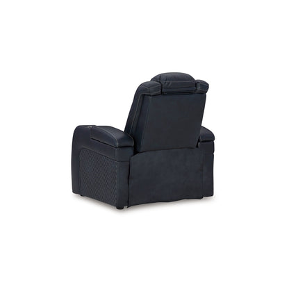 Fauteuil inclinable électrique à LED Fynne, port USB, similicuir bleu saphir