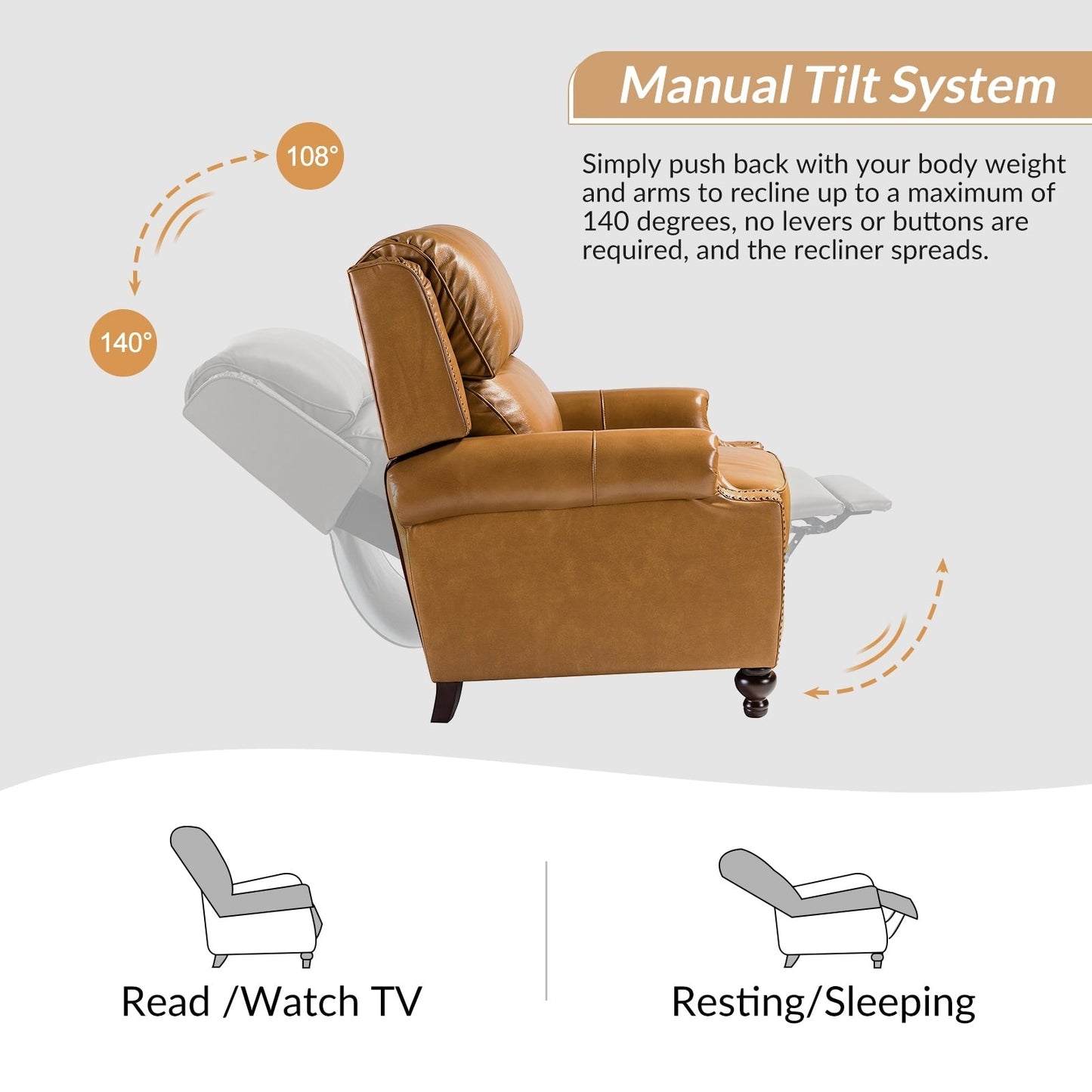 Ensemble de 2 fauteuils inclinables Gabriela en cuir véritable, style Mid-Century Modern, avec garniture cloutée, par HULALA HOME