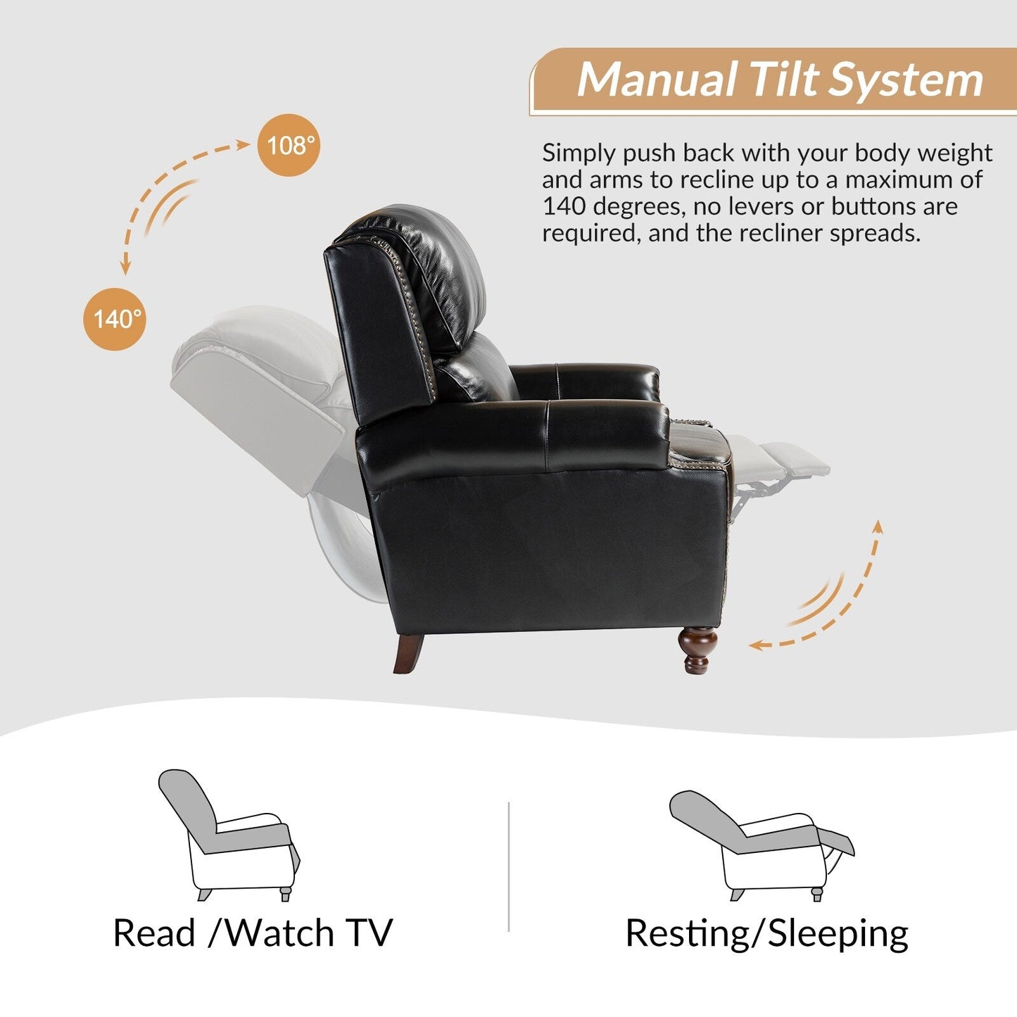 Ensemble de 2 fauteuils inclinables Gabriela en cuir véritable, style Mid-Century Modern, avec garniture cloutée, par HULALA HOME