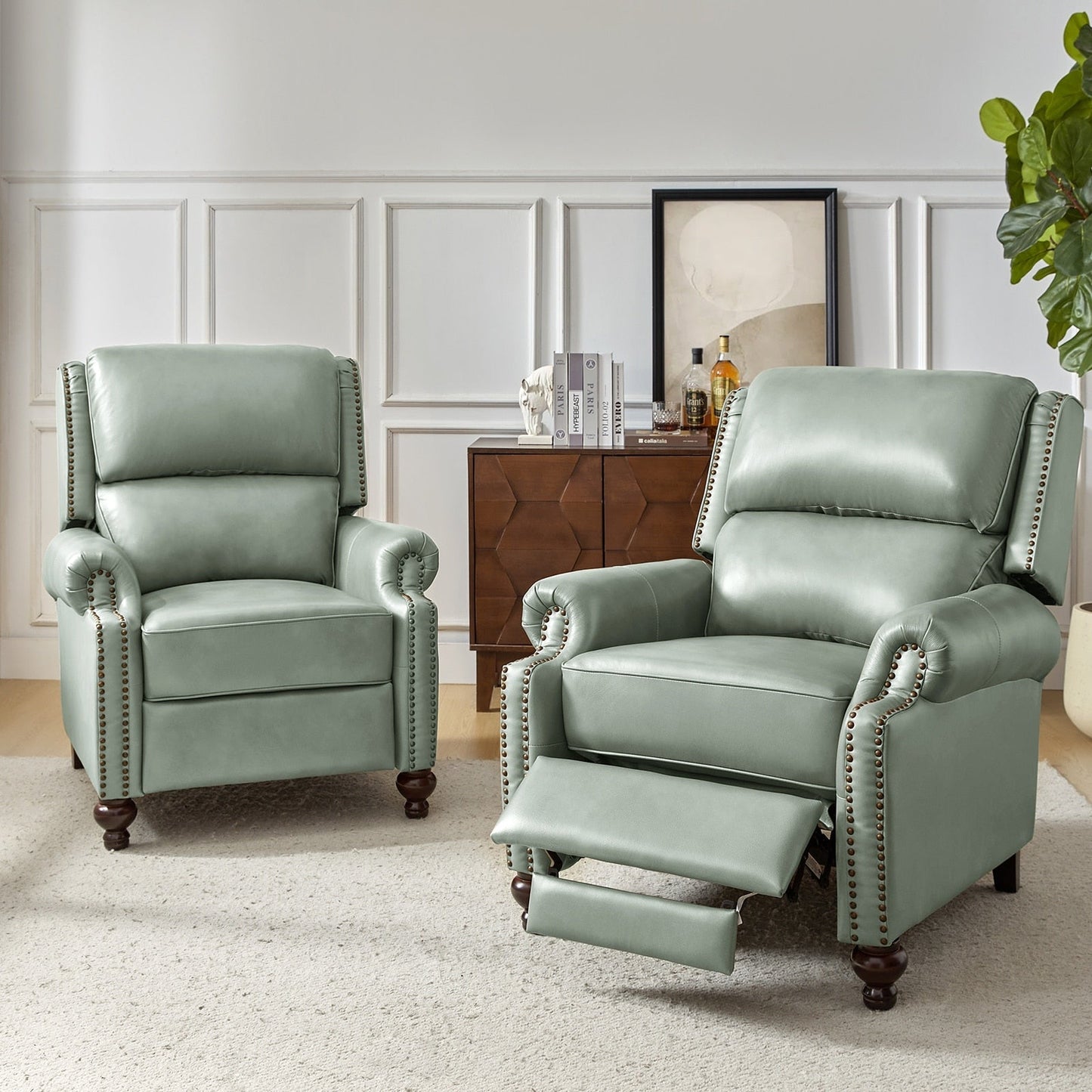 Ensemble de 2 fauteuils inclinables Gabriela en cuir véritable, style Mid-Century Modern, avec garniture cloutée, par HULALA HOME