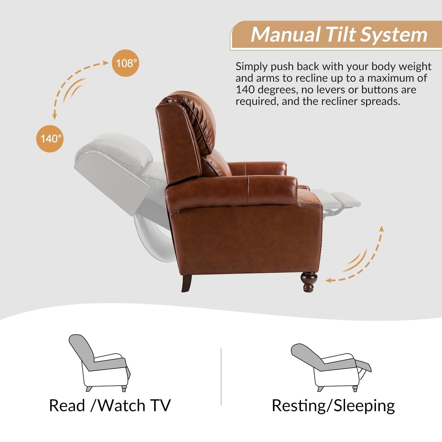 Ensemble de 2 fauteuils inclinables Gabriela en cuir véritable, style Mid-Century Modern, avec garniture cloutée, par HULALA HOME