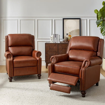 Ensemble de 2 fauteuils inclinables Gabriela en cuir véritable, style Mid-Century Modern, avec garniture cloutée, par HULALA HOME