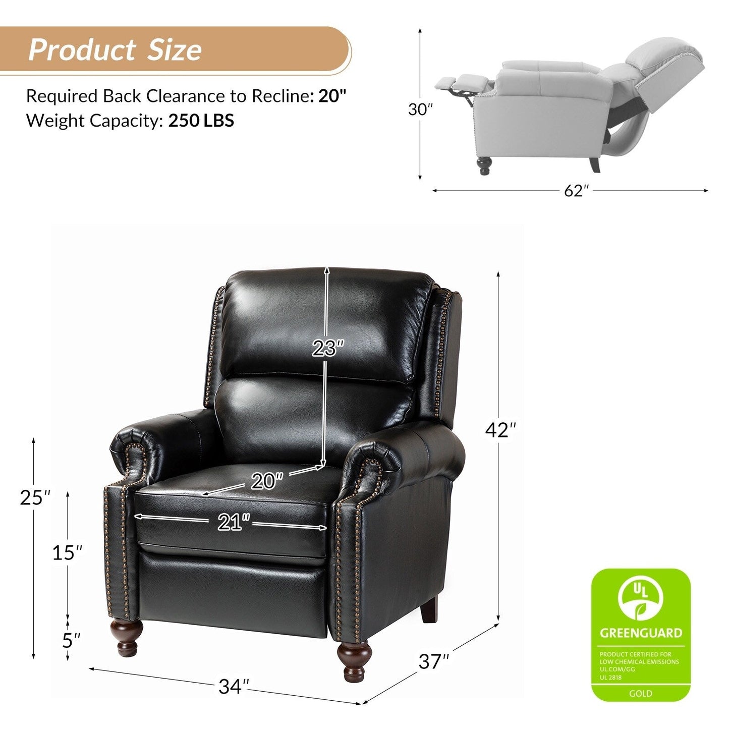 Ensemble de 2 fauteuils inclinables Gabriela en cuir véritable, style Mid-Century Modern, avec garniture cloutée, par HULALA HOME