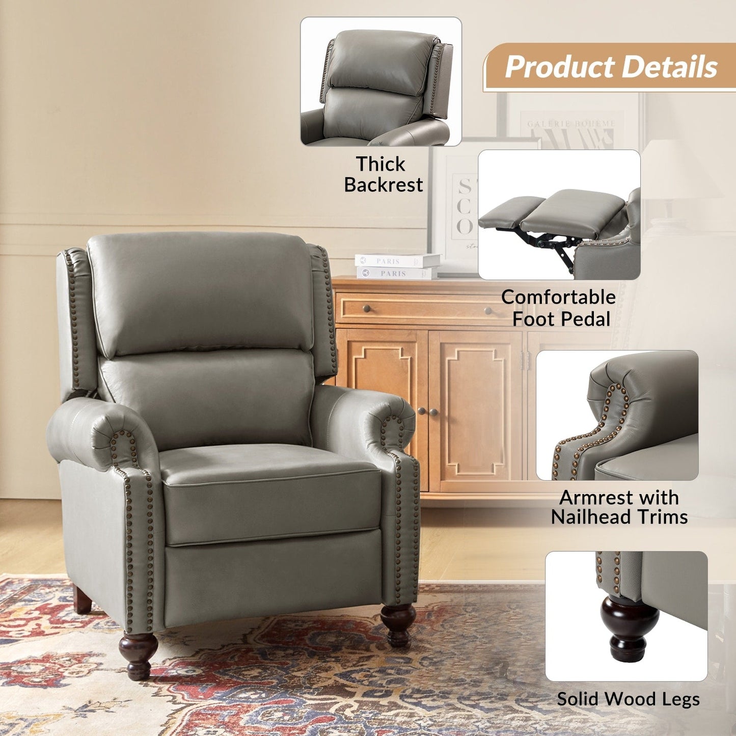 Fauteuil inclinable Gabriela en cuir véritable, style milieu de siècle, avec pieds coniques en bloc, par HULALA HOME