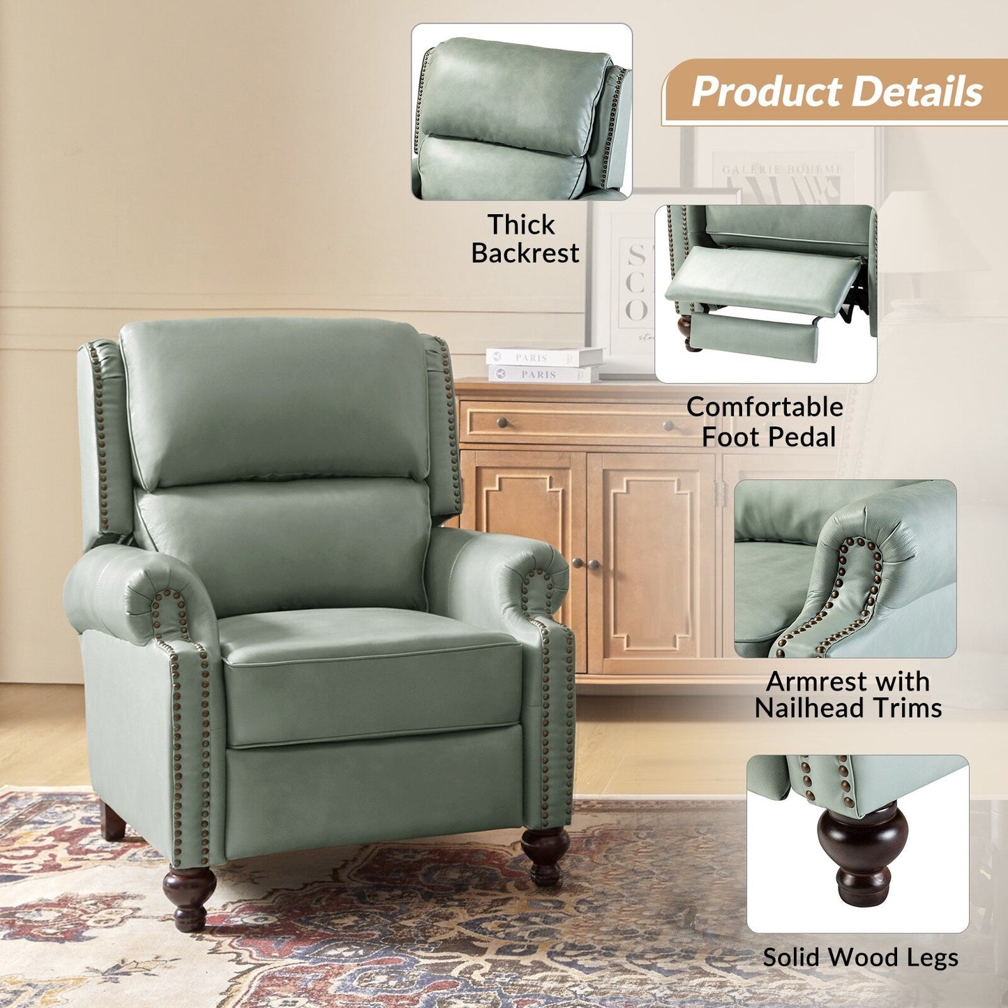 Fauteuil inclinable Gabriela en cuir véritable, style milieu de siècle, avec pieds coniques en bloc, par HULALA HOME