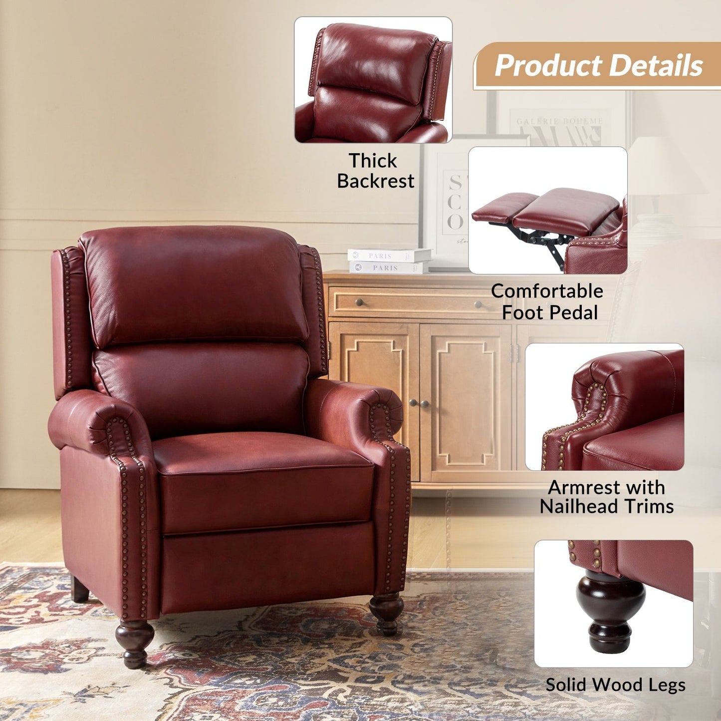 Fauteuil inclinable Gabriela en cuir véritable, style milieu de siècle, avec pieds coniques en bloc, par HULALA HOME