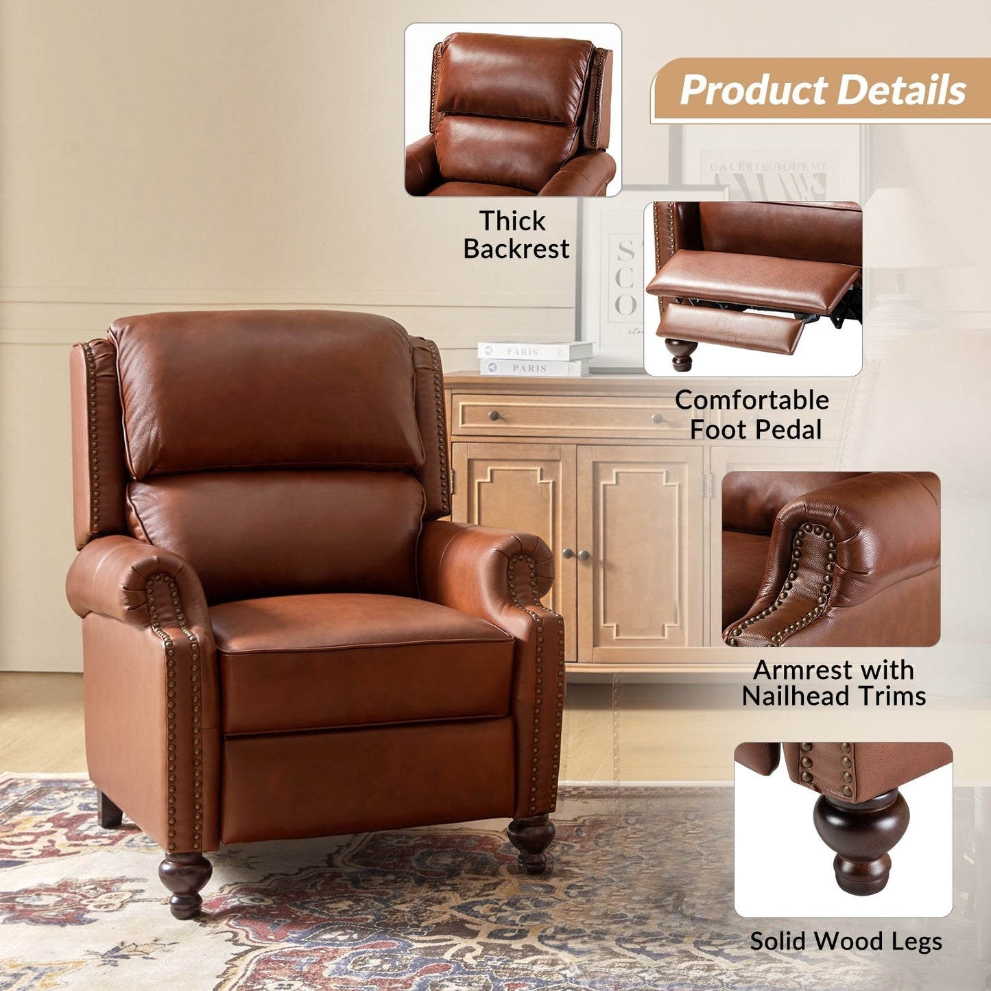 Fauteuil inclinable Gabriela en cuir véritable, style milieu de siècle, avec pieds coniques en bloc, par HULALA HOME