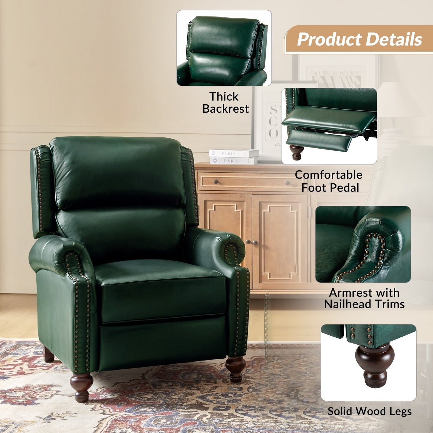 Fauteuil inclinable Gabriela en cuir véritable, style milieu de siècle, avec pieds coniques en bloc, par HULALA HOME