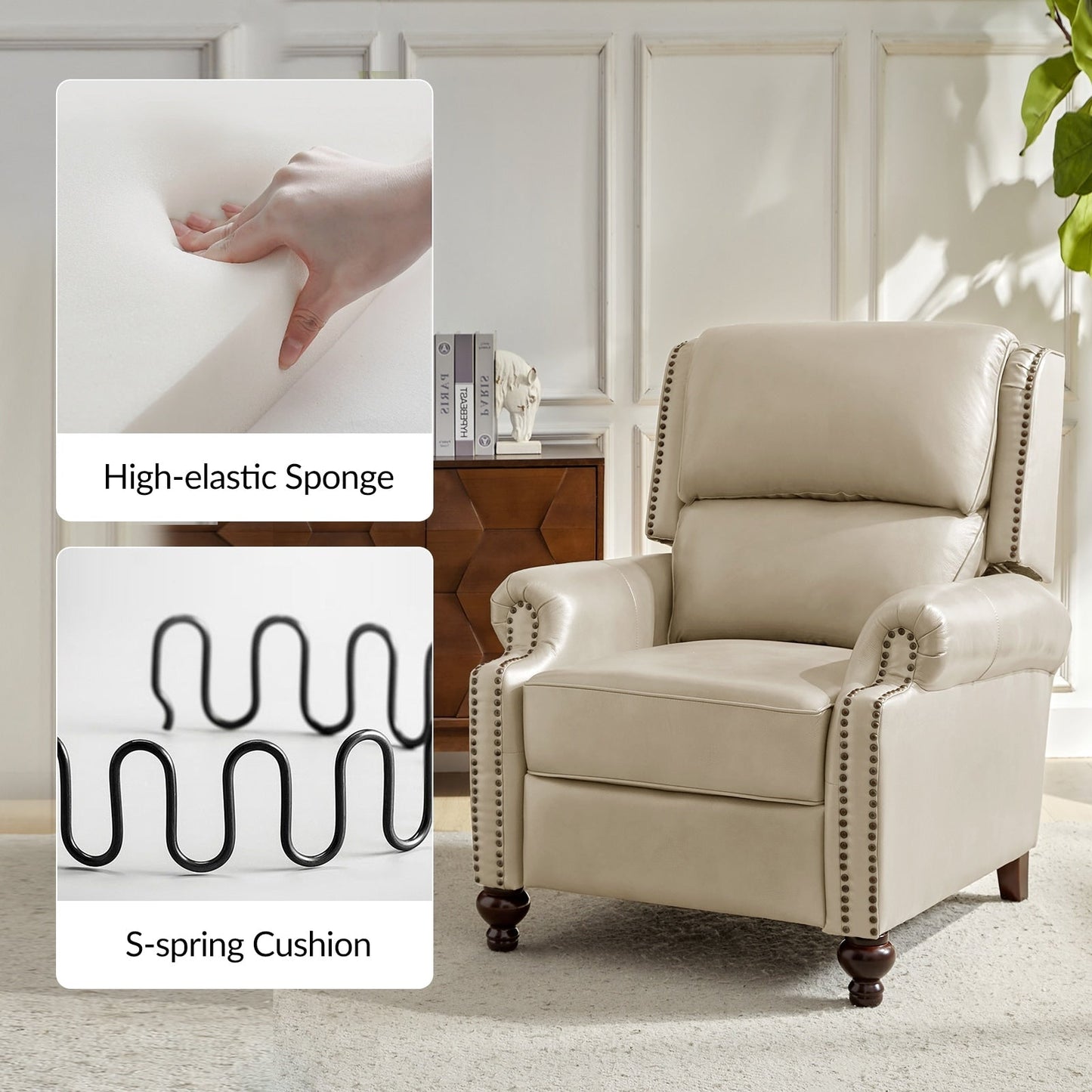 Fauteuil inclinable Gabriela en cuir véritable, style milieu de siècle, avec pieds coniques en bloc, par HULALA HOME