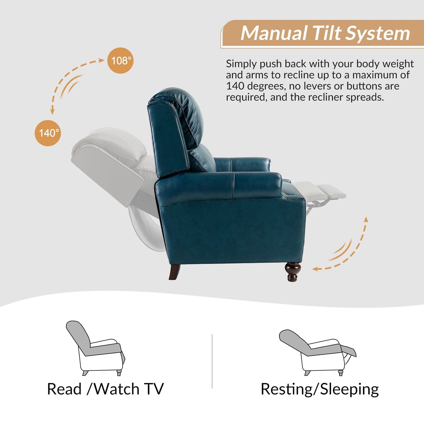 Fauteuil inclinable Gabriela en cuir véritable, style milieu de siècle, avec pieds coniques en bloc, par HULALA HOME