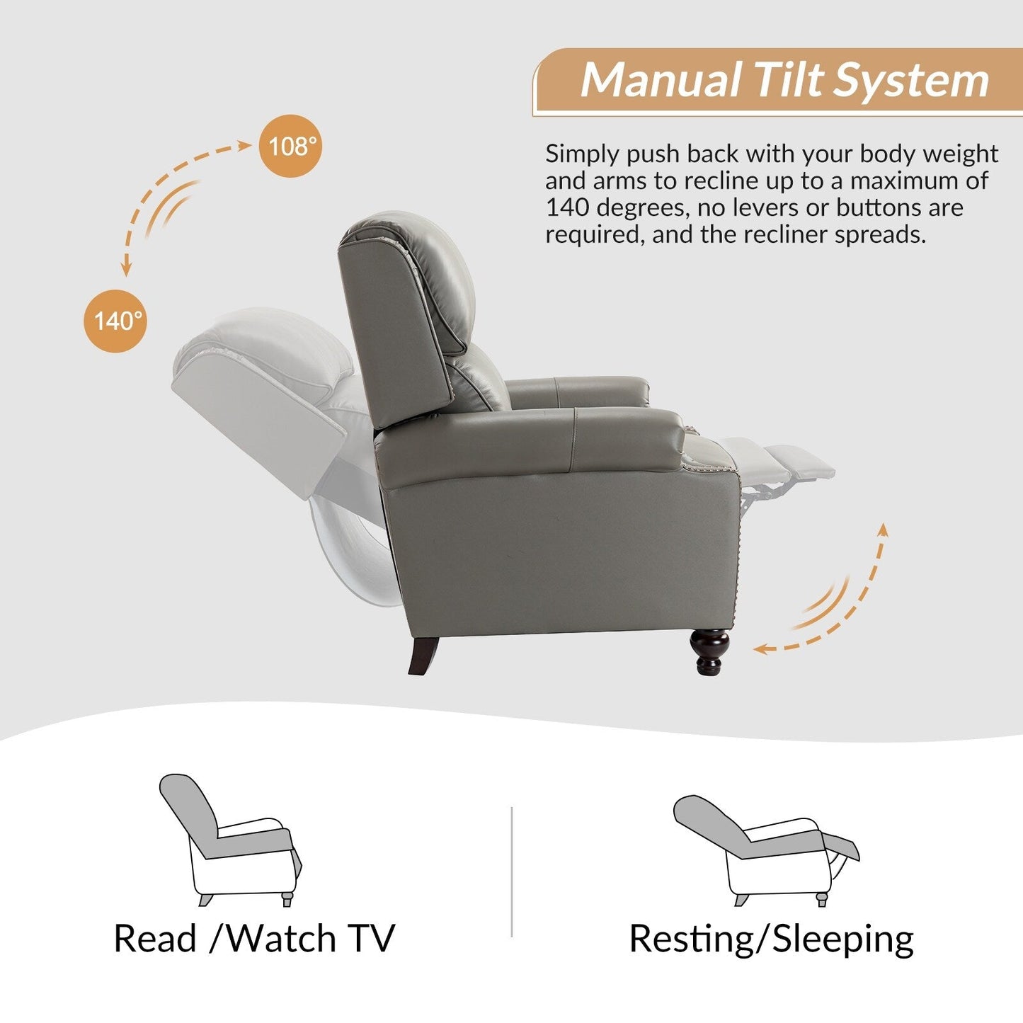 Fauteuil inclinable Gabriela en cuir véritable, style milieu de siècle, avec pieds coniques en bloc, par HULALA HOME