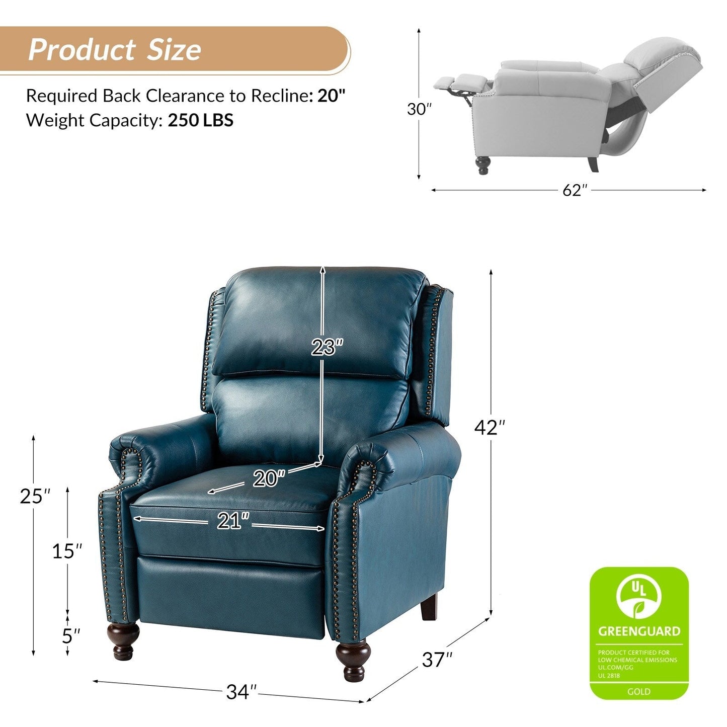 Fauteuil inclinable Gabriela en cuir véritable, style milieu de siècle, avec pieds coniques en bloc, par HULALA HOME