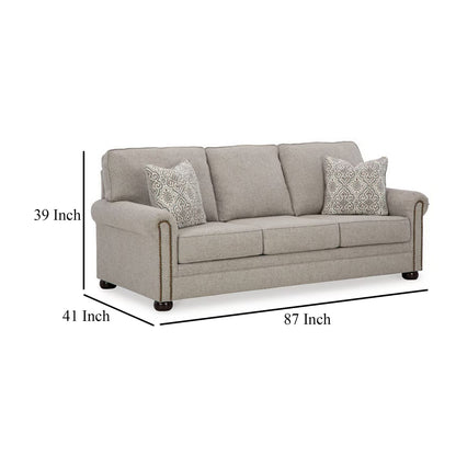 Canapé Gael, polyester gris beige, garniture cloutée marron foncé, 220 cm
