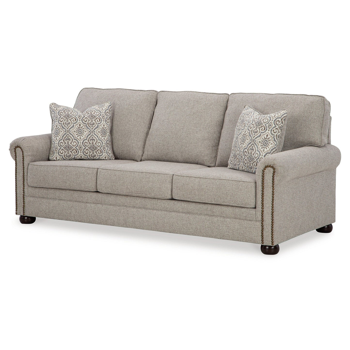 Canapé Gael, polyester gris beige, garniture cloutée marron foncé, 220 cm