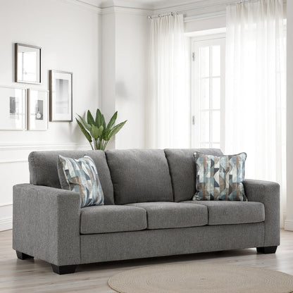 Canapé Gavin, polyester gris, coussins moelleux, 2 coussins décoratifs, 215 cm