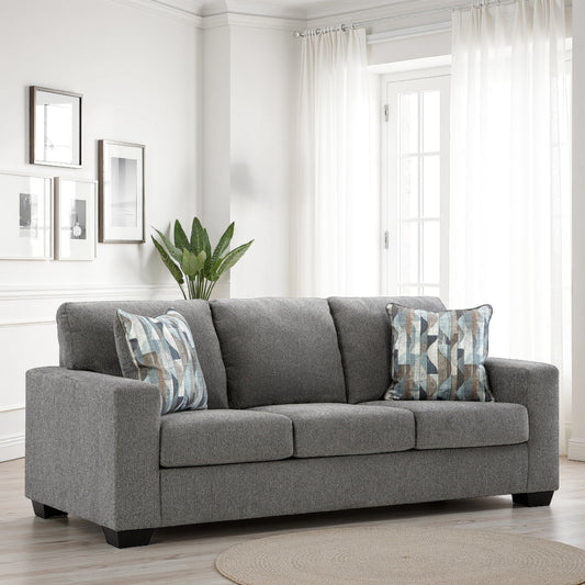 Canapé Gavin, polyester gris, coussins moelleux, 2 coussins décoratifs, 215 cm