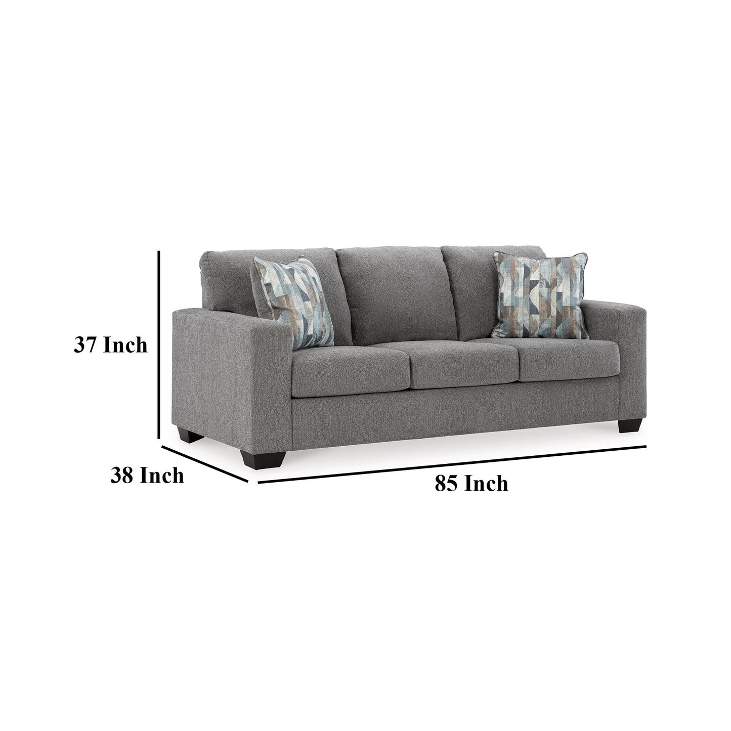 Canapé Gavin, polyester gris, coussins moelleux, 2 coussins décoratifs, 215 cm
