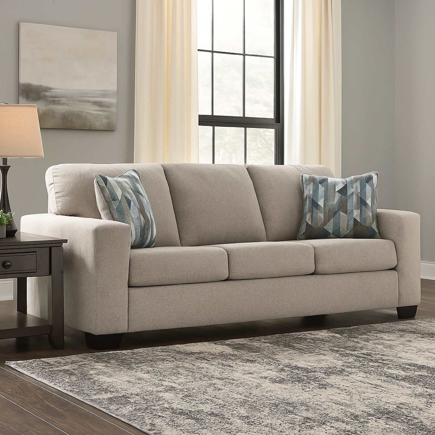 Canapé Gavin, polyester marron parchemin, 2 coussins décoratifs, 85 pouces