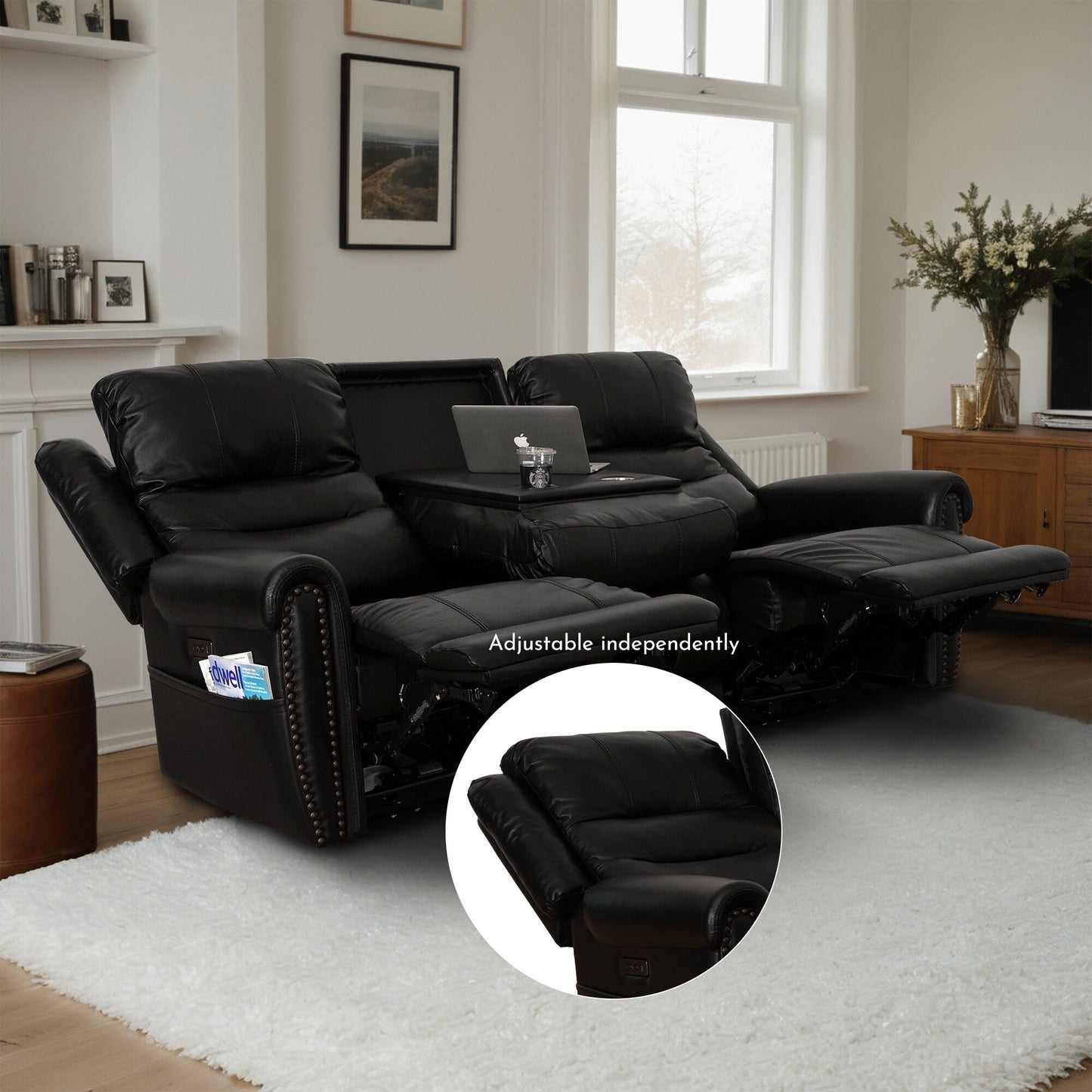 Canapé inclinable électrique en cuir véritable noir, causeuse, fauteuil inclinable avec appui-tête réglable et repose-pieds extensible