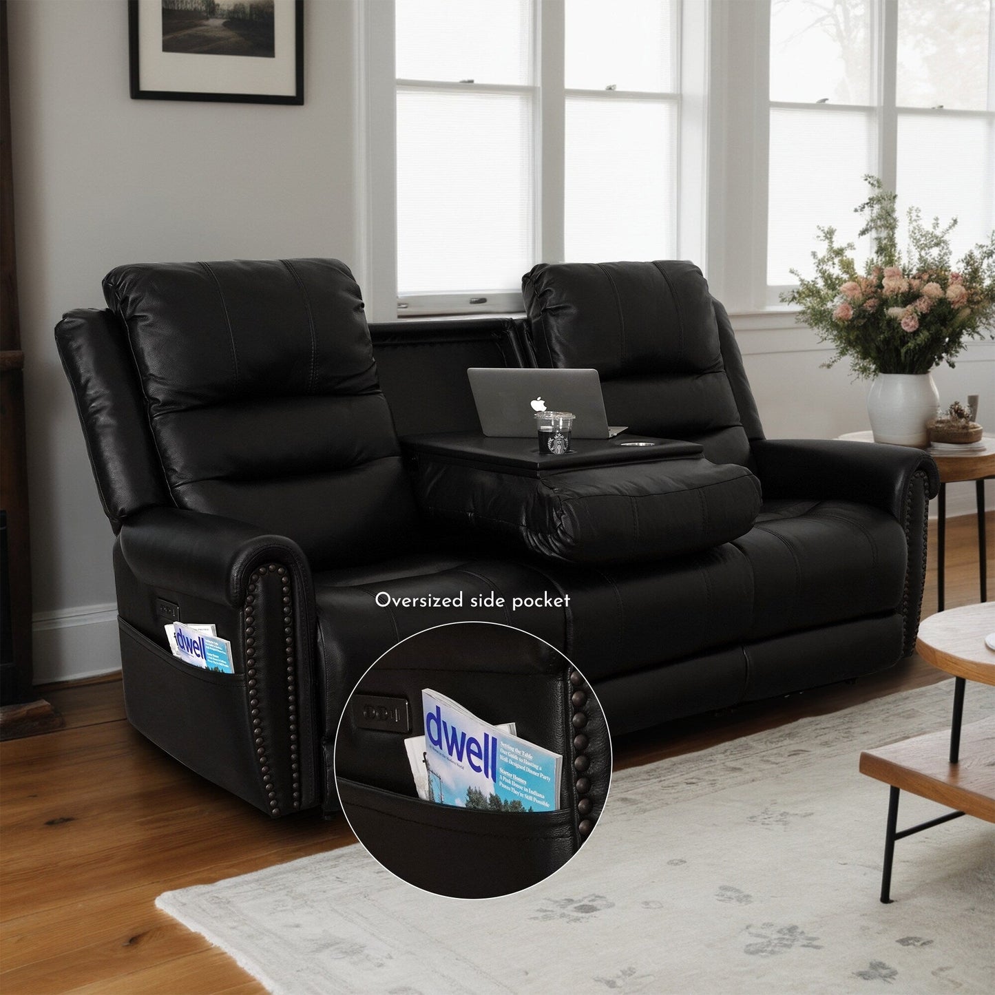 Canapé inclinable électrique en cuir véritable noir, causeuse, fauteuil inclinable avec appui-tête réglable et repose-pieds extensible