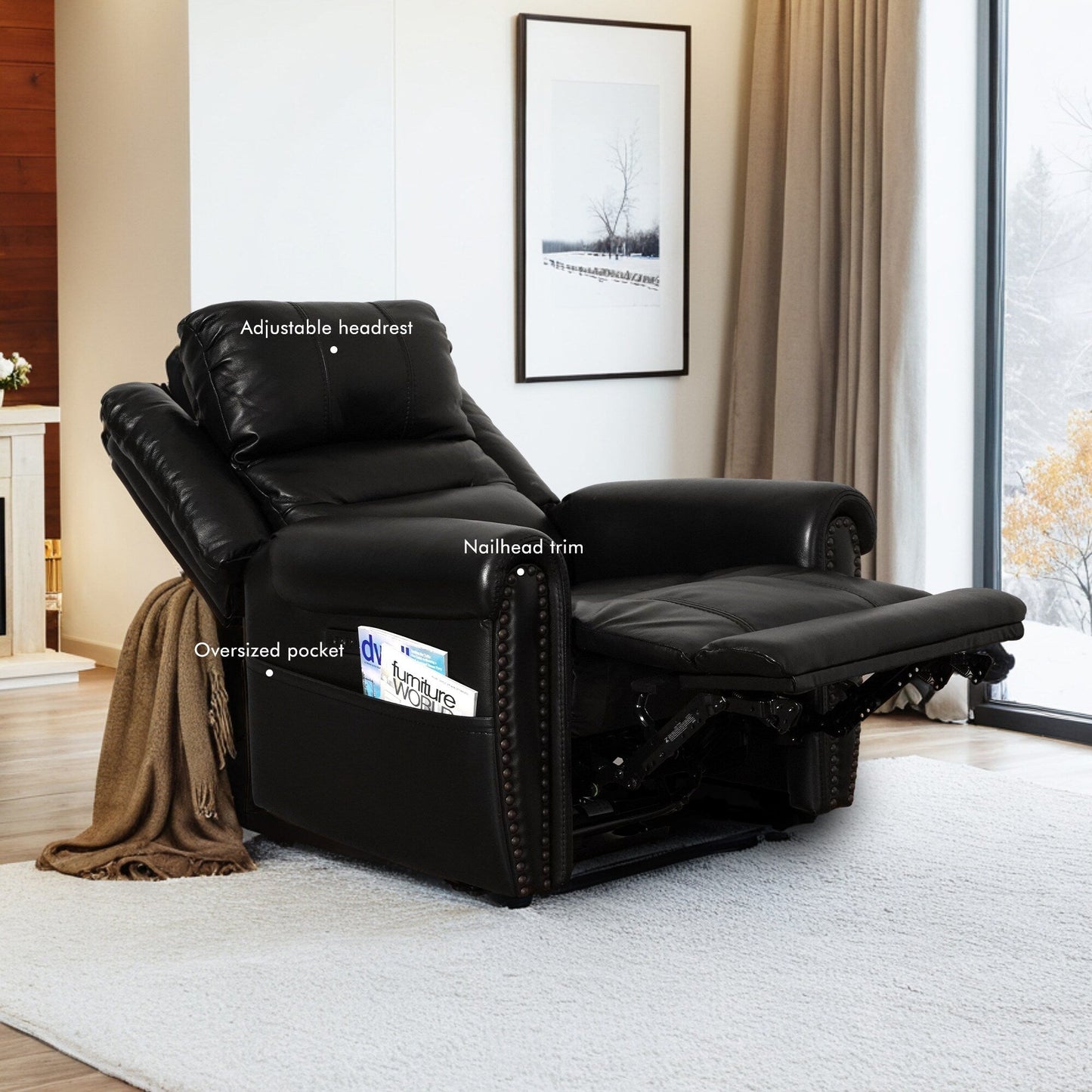 Canapé inclinable électrique en cuir véritable noir, causeuse, fauteuil inclinable avec appui-tête réglable et repose-pieds extensible
