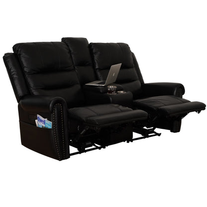 Canapé inclinable électrique en cuir véritable noir, causeuse, fauteuil inclinable avec appui-tête réglable et repose-pieds extensible