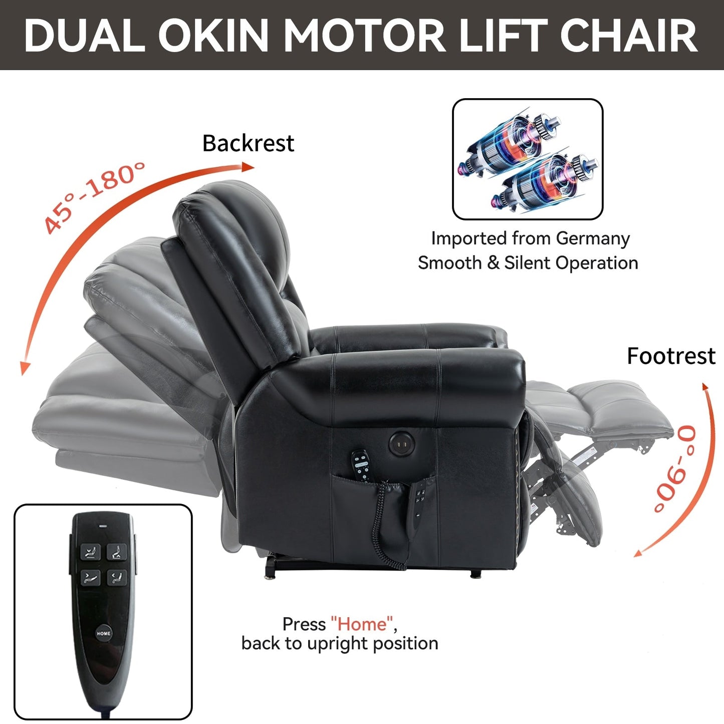 Fauteuil inclinable électrique en cuir véritable avec deux moteurs, massage 8 points, chauffage, chargement USB et inclinaison infinie