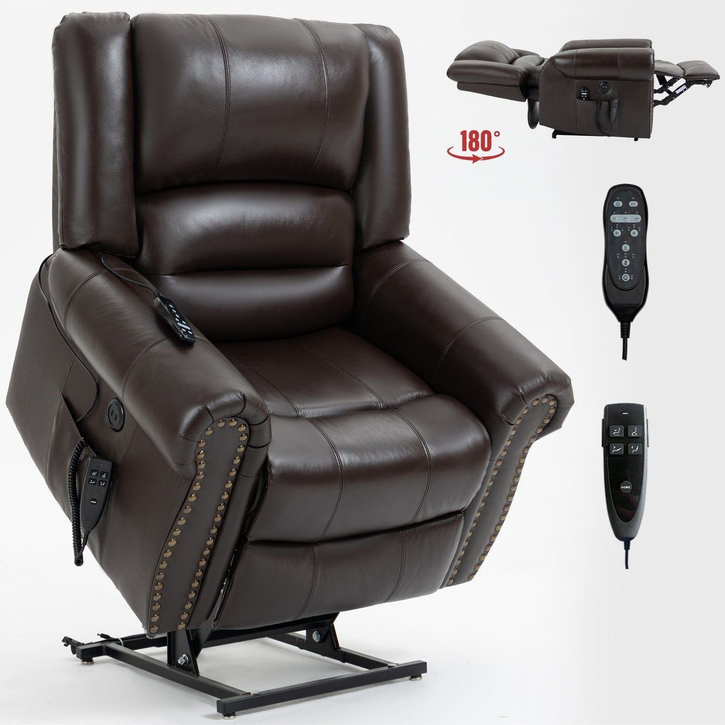 Fauteuil inclinable électrique en cuir véritable avec deux moteurs, massage 8 points, chauffage, chargement USB et inclinaison infinie