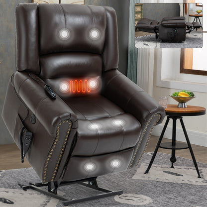 Fauteuil inclinable électrique en cuir véritable avec deux moteurs, massage 8 points, chauffage, chargement USB et inclinaison infinie