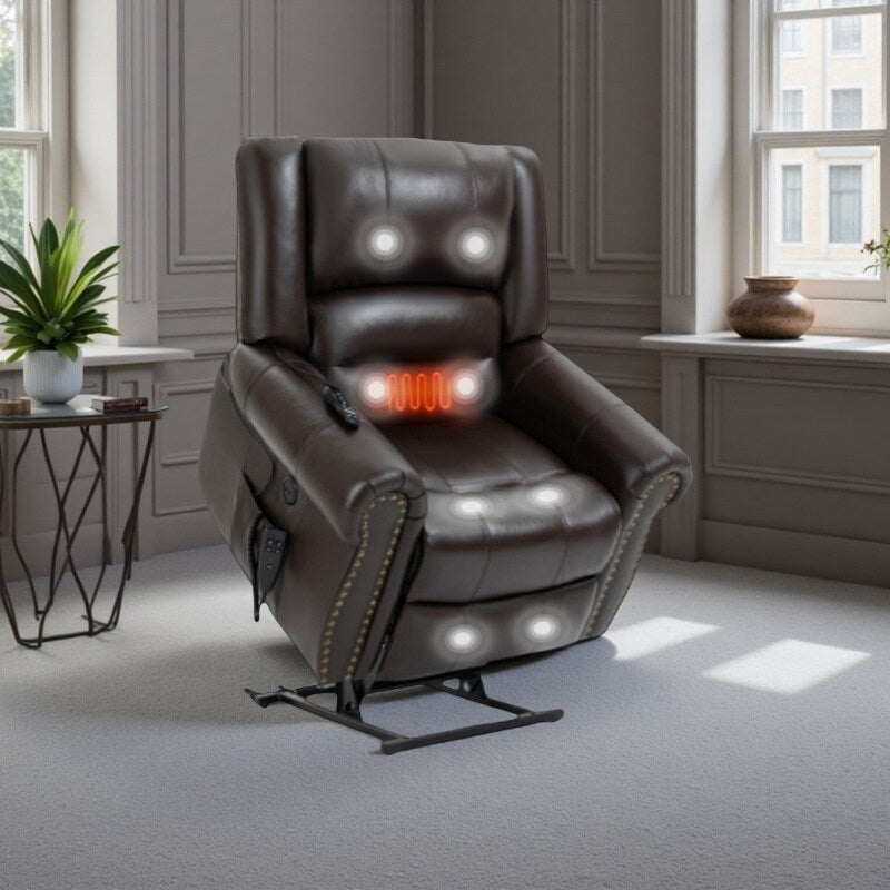 Fauteuil inclinable électrique en cuir véritable avec deux moteurs, massage 8 points, chauffage, chargement USB et inclinaison infinie