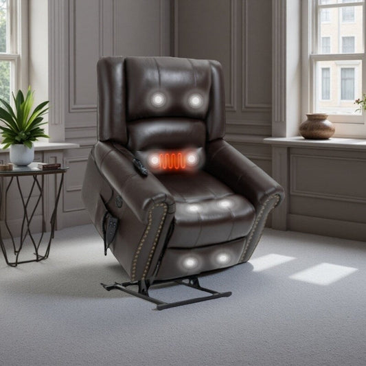 Fauteuil inclinable électrique en cuir véritable avec deux moteurs, massage 8 points, chauffage, chargement USB et inclinaison infinie