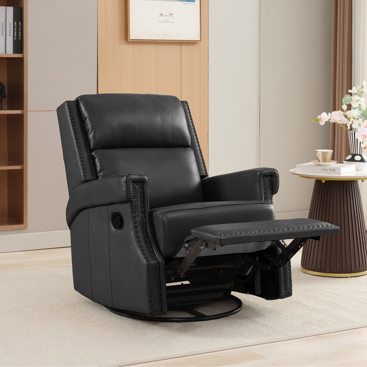 Fauteuil inclinable à bascule manuel en cuir véritable avec base pivotante en métal à 360 degrés