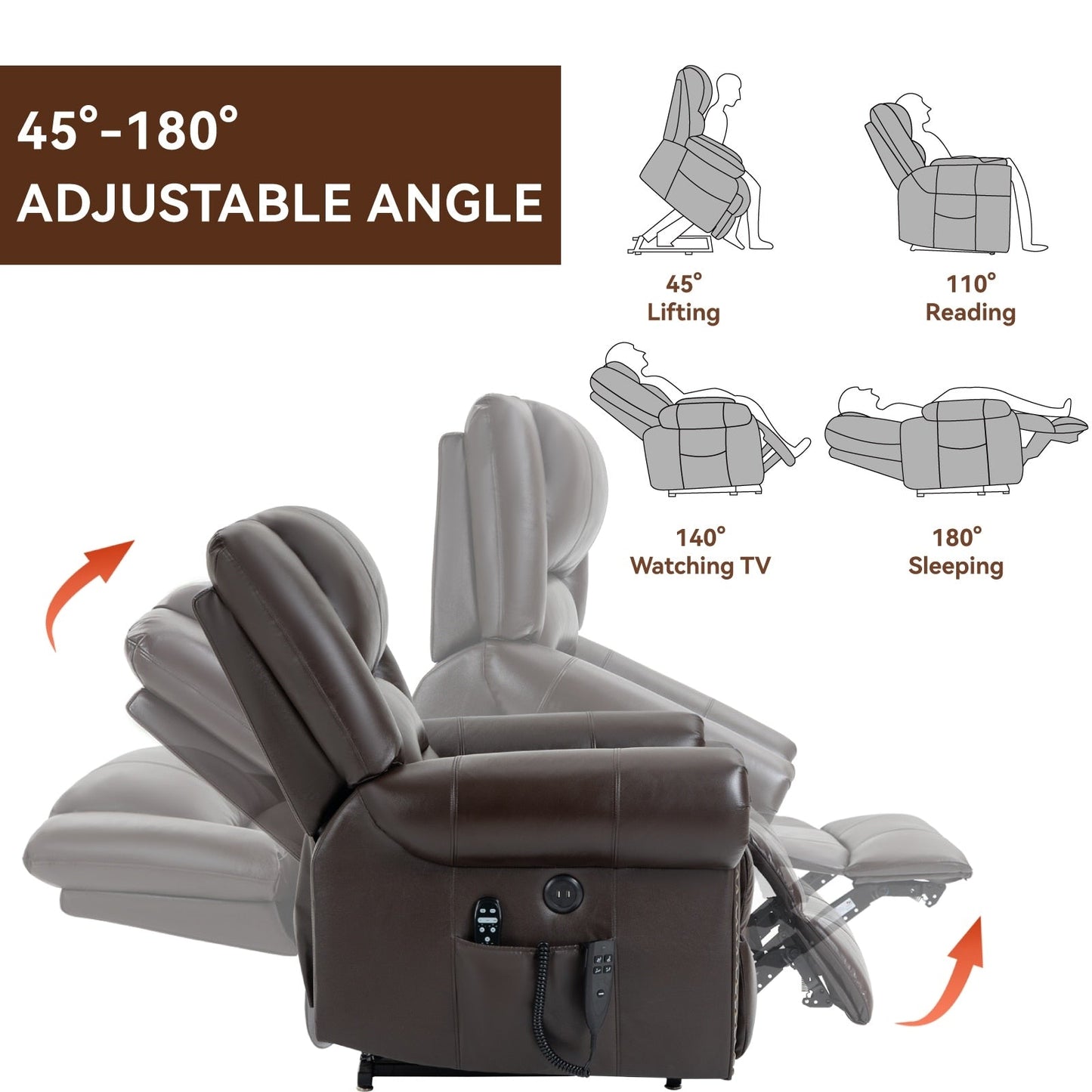 Fauteuil inclinable électrique en cuir véritable avec double moteur, massage par vibrations à 8 points, chauffage, ports USB et inclinaison infinie