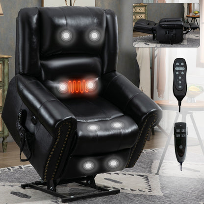 Fauteuil inclinable électrique en cuir véritable avec double moteur, massage par vibrations à 8 points, chauffage, ports USB et inclinaison infinie