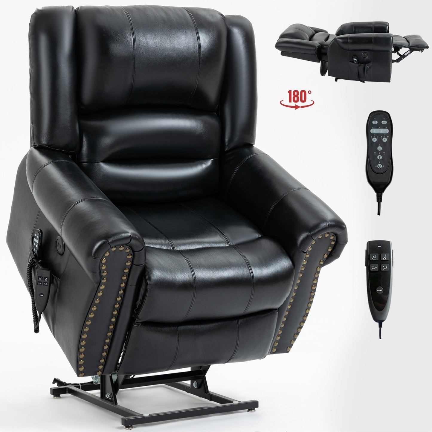 Fauteuil inclinable électrique en cuir véritable avec double moteur, massage par vibrations à 8 points, chauffage, ports USB et inclinaison infinie