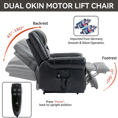 Fauteuil inclinable électrique en cuir véritable avec deux moteurs, massage chauffant, ports USB et fonction d'inclinaison complète